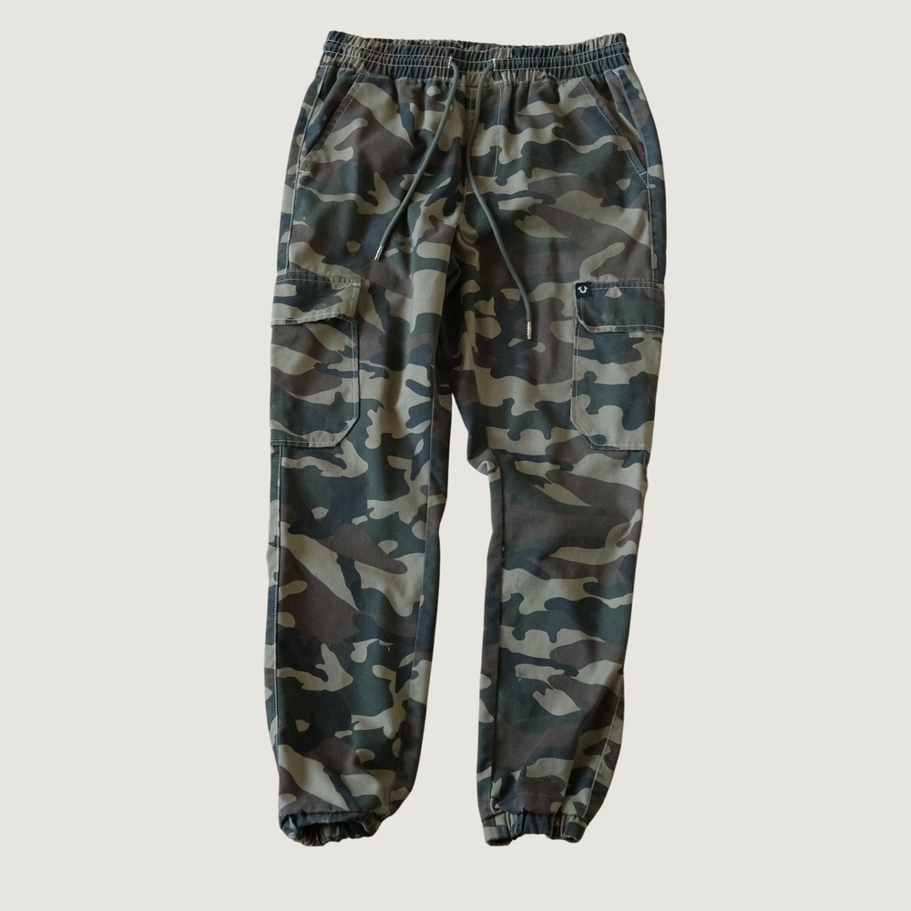 True Religion Camo Cargo Jogger Hunting Pants Green Brown Elastic Waist Size S/M
